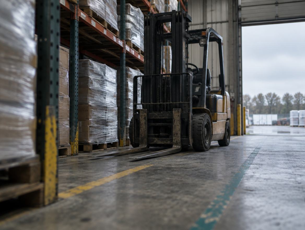 A forklift paused at the end of a racking aisle
