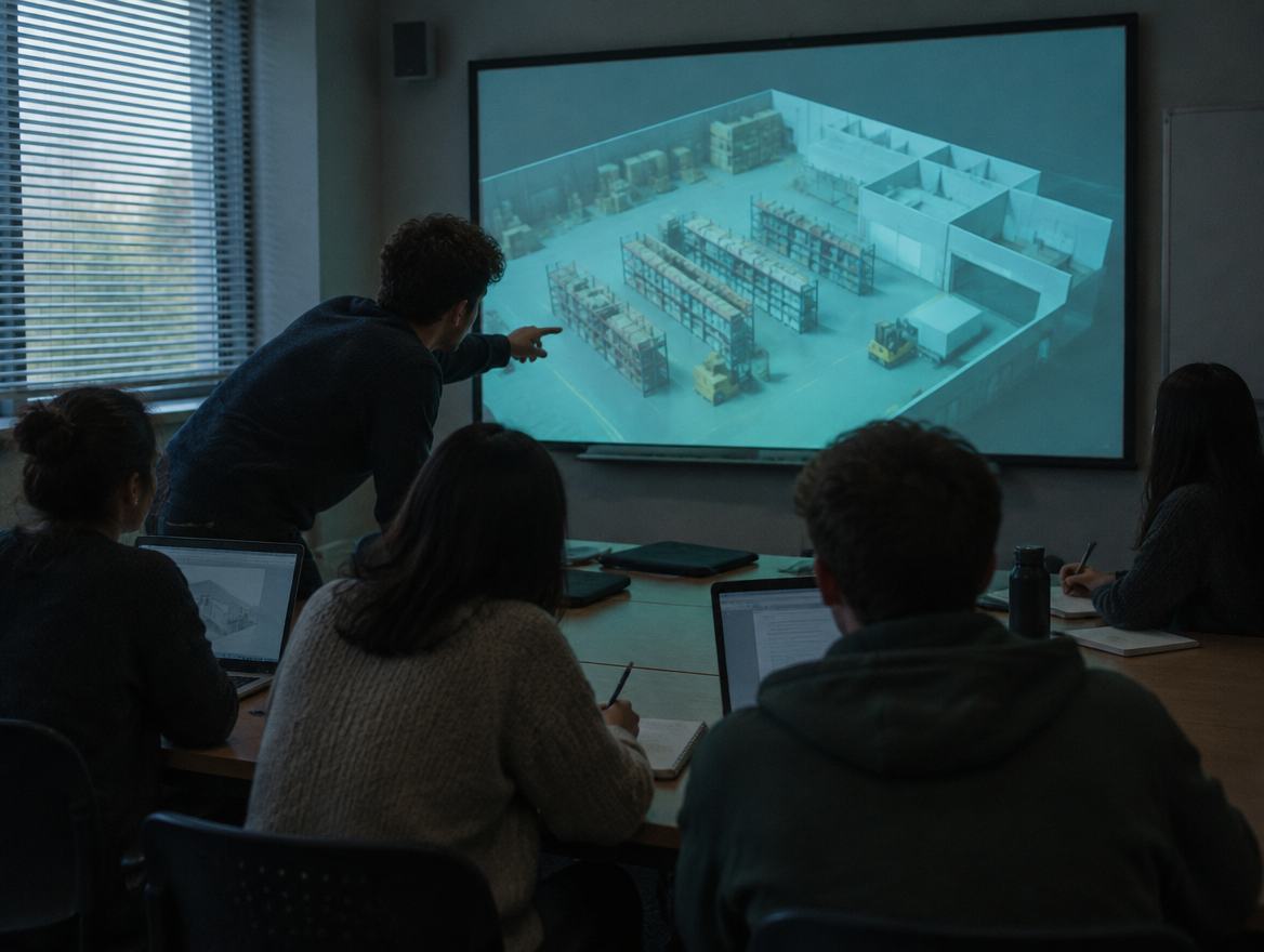 Students around a wall screen showing a 3D warehouse layout