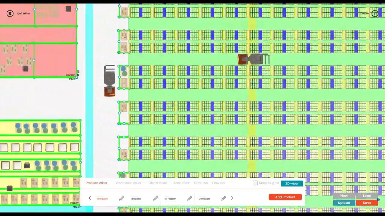 The 2D editor: a warehouse plan with racking zones and aisles